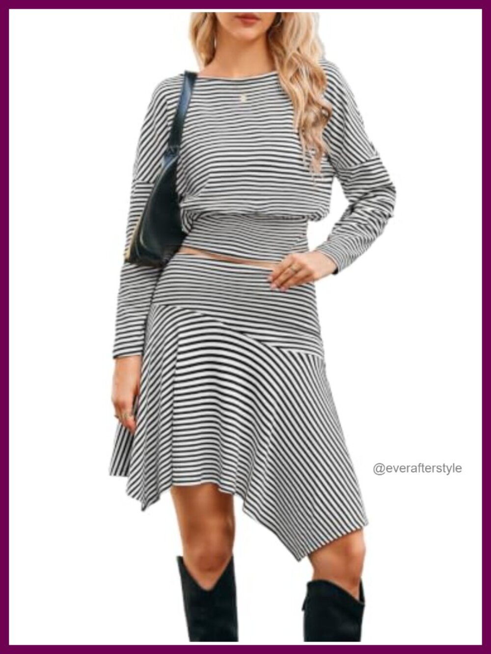 Womens 2 Piece Skirt Set Long Sleeve Top Mini Skirt Striped Outfit